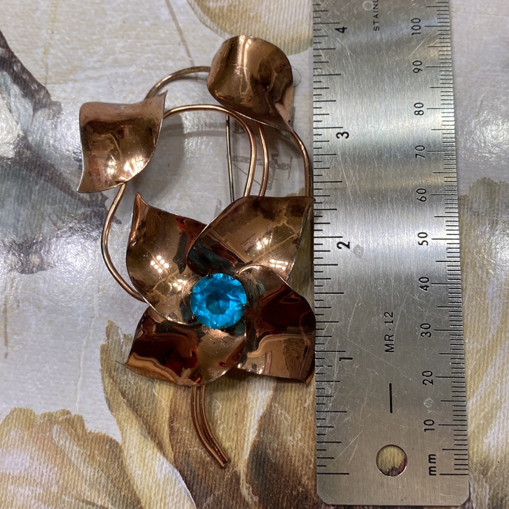 Sterling by Jordan flower brooch w/ vermeil & aqua stone Vintage 3 5/8” x 2” - Picture 9 of 9